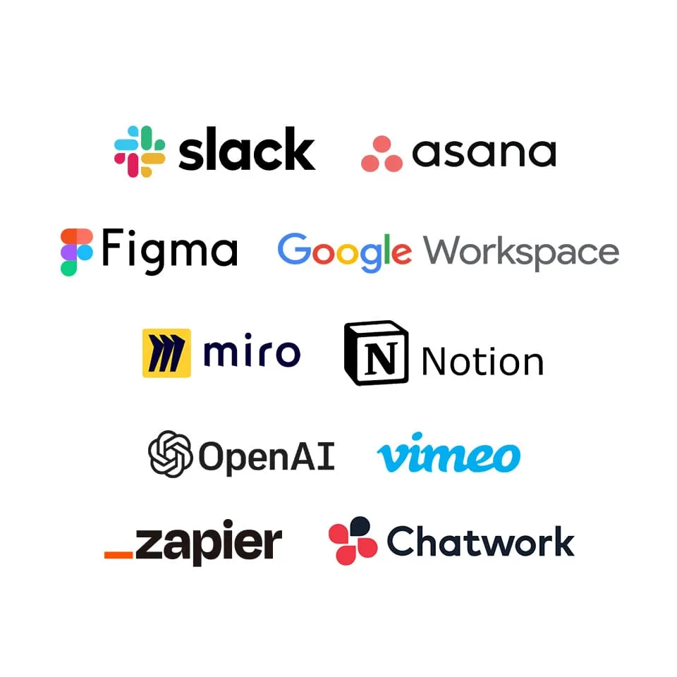 slack,asana,Figma,Google Workspace,miro,Notion,OpenAI,vimeo,zapier,Chatwork